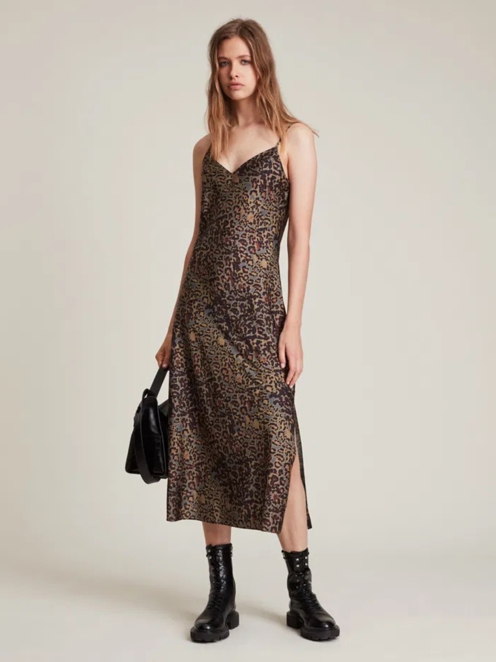 AllSaints Olive and Black Leopard Slip Midi Dress